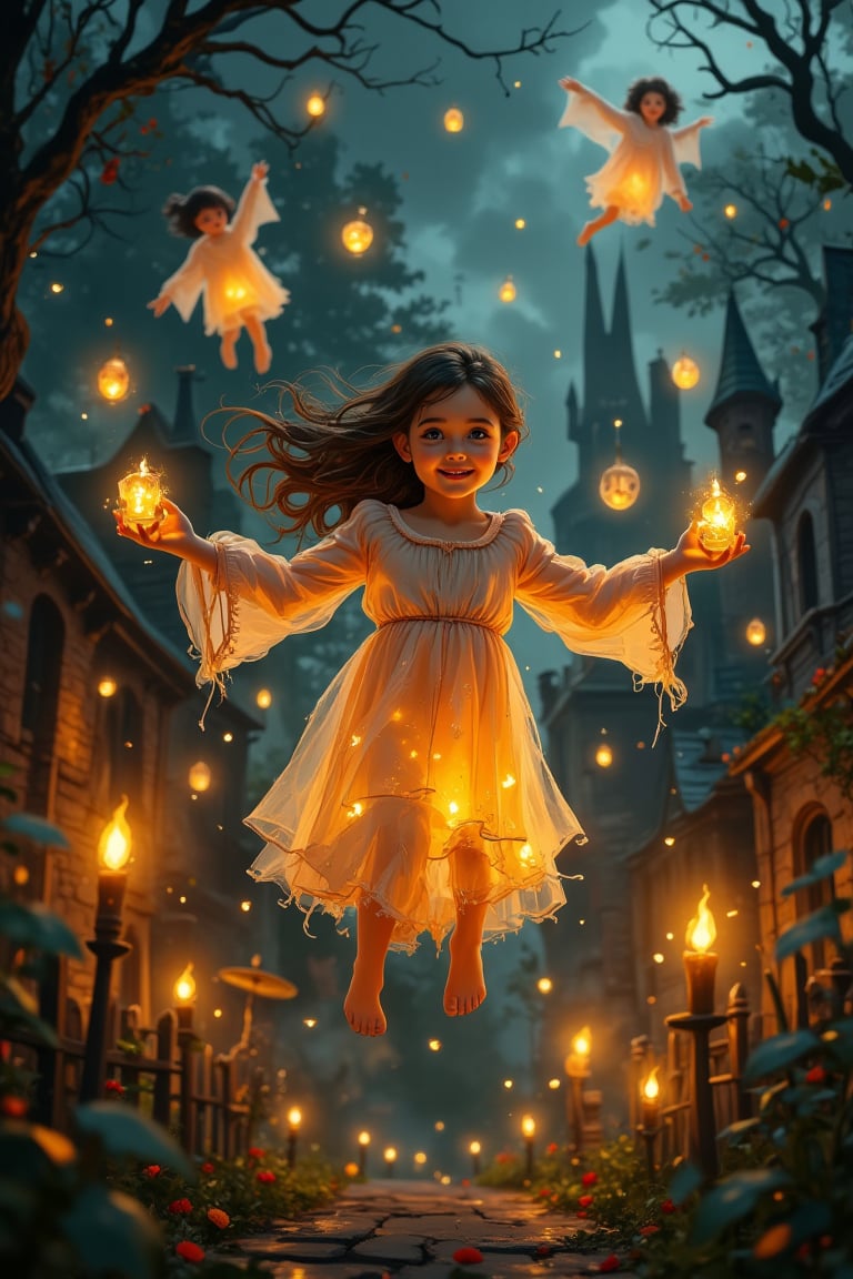 masterpiece, high resolution, A whimsical scene unfolds as a joyful girls flying and floating  with translucent smoky flying candle,   backdrop of a haunted house at night. Soft, golden lighting illuminates the atmosphere, casting an otherworldly glow on the transparent specters floating around. (Detailed face and eyes), detailed body