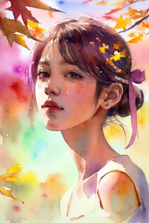 (8k, best quality, masterpiece:1.2),(best quality:1.0), (ultra highres:1.0), watercolor, a beautiful woman, shoulder, hair ribbons, by agnes cecile, half body portrait, extremely luminous bright design, pastel colors, (ink:1.3), autumn lights,Indian,no_humans,1 girl 