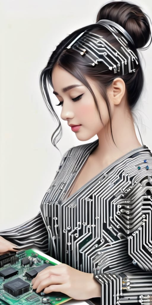 Masterpiece, realistic, circuit diagram art, beauty girl drawn with a circuit diagram,circuit board, circuit board cpu, resistor, chip, LSI,DonMC1rcu17Pl4nXL,gh3a