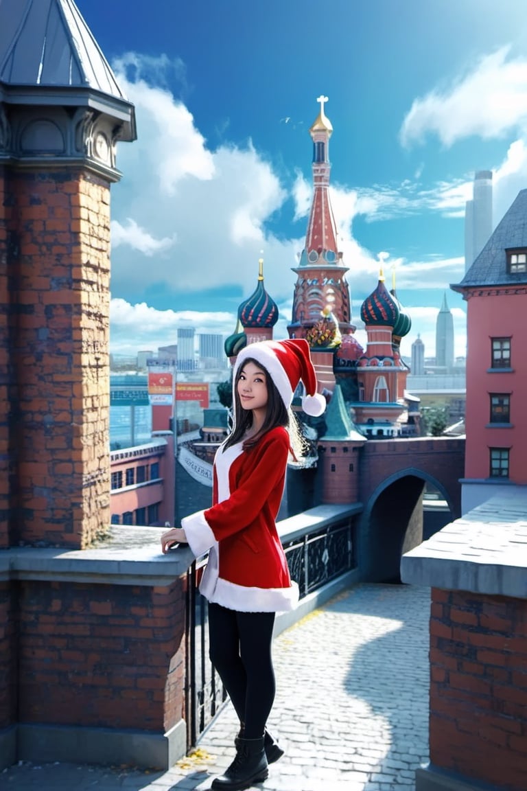 Masterpiece , high resolution, realistic, object ,1 santa girl, (( wear santa hat )), ((half body)) ,standing front  of building, view to me,  background,arch, architecture, blue_sky, bridge, building, castle, chimney, city, cityscape, clock_tower, cloud, day, east_asian_architecture, fantasy, gate, house, no_humans, outdoors, pagoda, railing, scenery, sky, skyscraper, stairs, tower, tree,dashataran