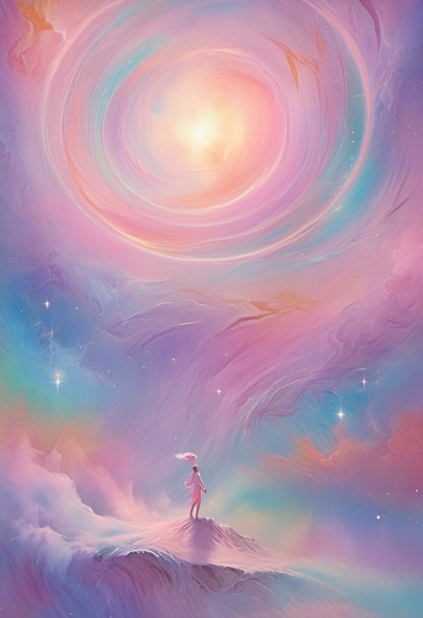 A dreamy, celestial scene with swirling pastel hues and a lone figure suspended in mid-air, radiating ethereal energy. ,<lora:659095807385103906:1.0>