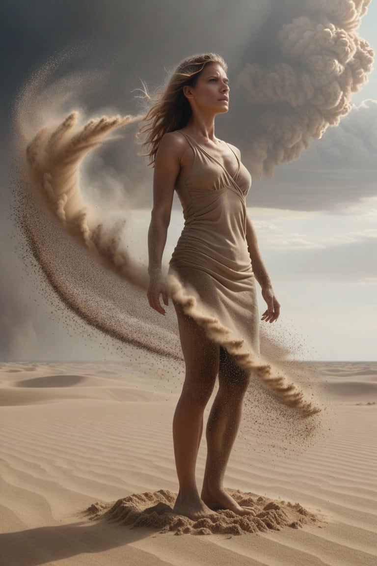 masterpiece, realistic, 1 woman standing on the edge of horizon , looking to viewer,  half body view,  ((this woman morphing to a lot sand particles)), same as Tornado,  Multiple Motion still.cinematic,  sci fiction art style,
 