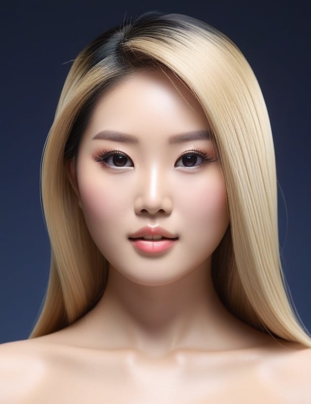 Create a captivating realistic artwork portraying a 20-year-old Asian girl. Pay meticulous attention to detail, capturing her fair skin tone and the sleek, closely-knit blonde hair. The composition should be a close-up of her face, emphasizing the unique texture of her straight hair and the delicate features of her complexion. Employ a realistic style to convey the subtleties of her expression, ensuring a lifelike and expressive representation.

