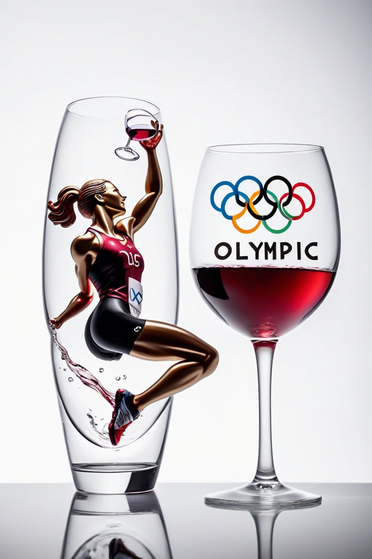 Realistic, A glass with wine shaking, wine spills, red wine,(( olympic logo in the glass)),  white backgound, ( one female athlete figurine next to glass),   text 'olympic' at table, masterpiece, 4K, stunning image,