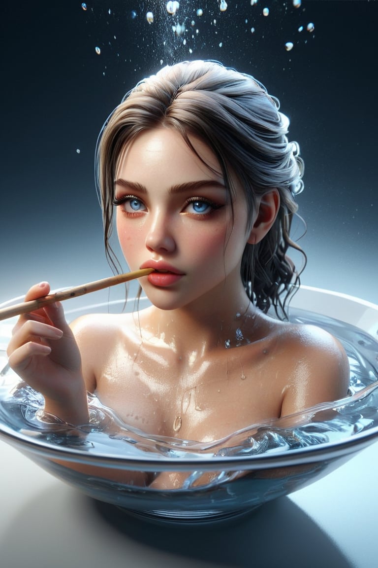 Masterpiece, realstic, a beautiful girl in a bowl of water with a stick transduction, 3 d illustration, depicted as a 3 d render, stuck, trend on behance 3d art, trend on behance 3 d art, water manipulation photoshop, 