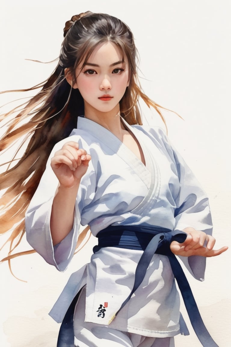 Nsfw ,1 girl,  karateka, 18year old, no dress, full nude、Karate techniques、long hair、Beautiful face、The knot of the obi is in the middle,simple background, watercolor style, 