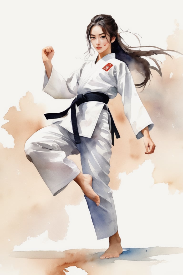 1 girl,  karateka, 18year old, long-sleeve,long trousers、Karate techniques、White Karate Uniform、Black belt、length hair、Beautiful face、The knot of the obi is in the middle,simple background, watercolor style, 