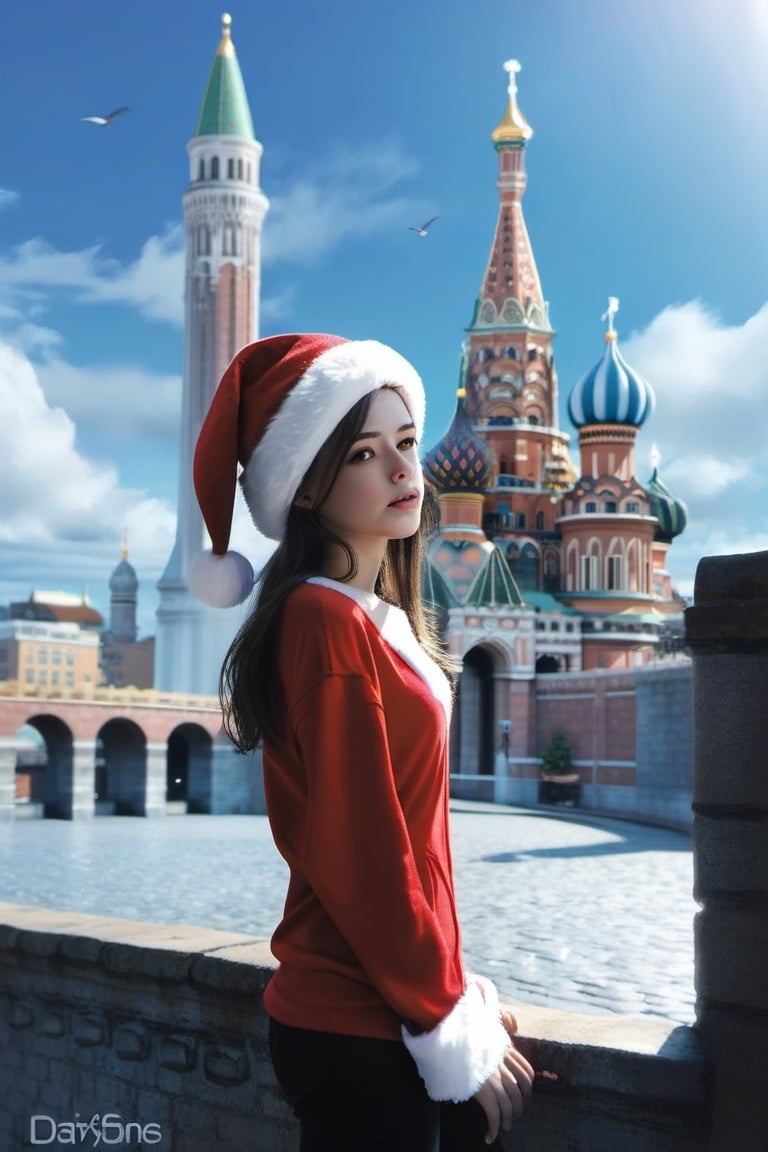 Masterpiece , high resolution, realistic, object ,1 santa girl, (( wear santa hat )), ((half body)) ,standing front  of building, view to me,  background,arch, architecture, blue_sky, bridge, building, castle, chimney, city, cityscape, clock_tower, cloud, day, east_asian_architecture, fantasy, gate, house, no_humans, outdoors, pagoda, railing, scenery, sky, skyscraper, stairs, tower, tree,dashataran