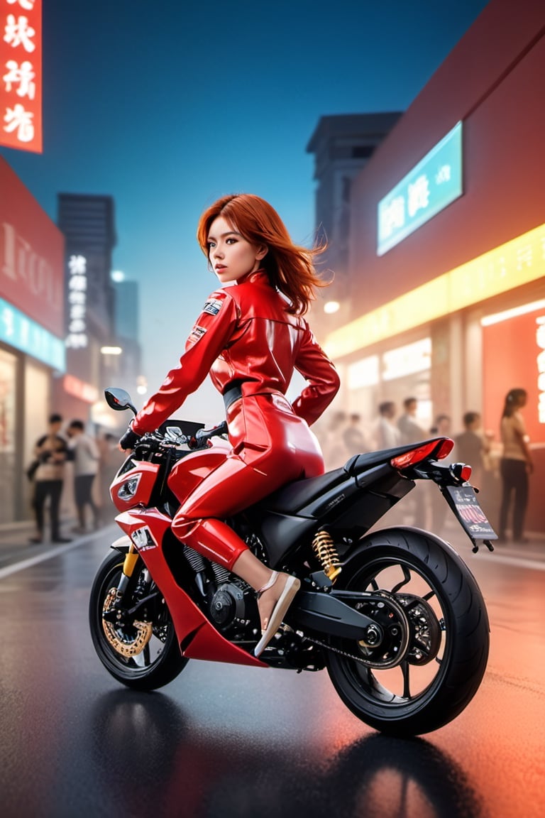 (4k), ( masterpiece), (highest quality), (extremely complex), (realistic focus), (cinematic lighting), (extremely detailed),
Photo Implementation: 1.37, Masterpiece, Top Quality, Primary Color Photography, Ridiculous Martial Arts, Uhd, 1 Girl, Shortcut Hair, Red Hair, Viewer, a girl in her 20s riding a speed motorcycle in the motor race arena, She's wearing a glossy chested showlift dress, full_body, motorcycle full body view, 