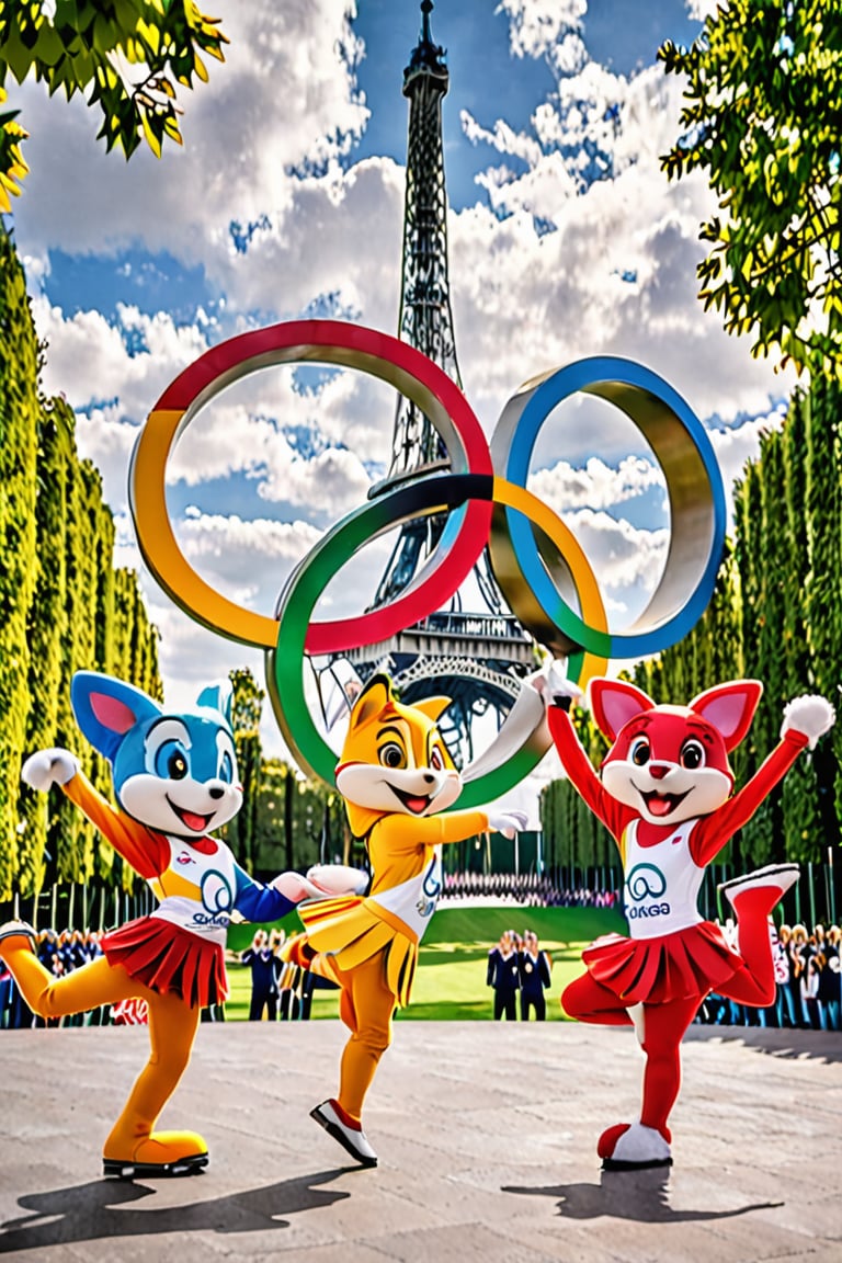 Paris Olympic Games mascots、Dancing in front of the five rings that are the symbol of the Olympic Games