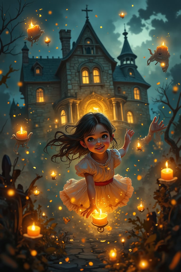 masterpiece, high resolution, A whimsical scene unfolds as a joyful girls flying and floating  with translucent smoky flying candle,   backdrop of a haunted house at night. Soft, golden lighting illuminates the atmosphere, casting an otherworldly glow on the transparent specters floating around. (Detailed face and eyes), detailed body