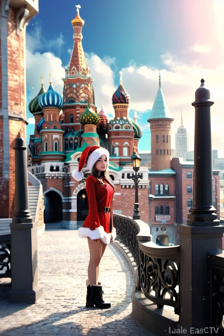 Masterpiece , high resolution, realistic, object ,1 santa girl, (( wear santa hat )), ((half body)) ,standing front  of building, view to me,  background,arch, architecture, blue_sky, bridge, building, castle, chimney, city, cityscape, clock_tower, cloud, day, east_asian_architecture, fantasy, gate, house, no_humans, outdoors, pagoda, railing, scenery, sky, skyscraper, stairs, tower, tree,dashataran