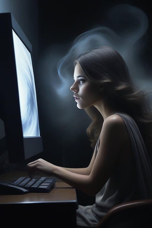 A masterpiece in the surreal horror raw photography special effects style. In a very dark room that may be a well lived-in bed room, the image is a medium close-up shot showing the side view of a young woman facing a flat screen computer monitor with one hand on a computer keyboard and the other hand on a computer mouse. The shapely beautiful woman is dressed comfortably in a silk slip suggesting she had probably intended to sleep soon. The room is almost pitch black like in a suspenseful horror movie, with only glowing light coming from the giant monitor and the woman's soul being sucked from her face into the monitor. The person is highly detailed and realistic with a little film grain, except for the face, which is completely blurred and warped, the face seem to be stretched and twisted into a whirlpool  that rushes towards and into monitor like a smokey  colorful  coalescing and vibrating rushing stream of energy.  This gives a horrific impression of the person's soul in the form of the stream of ghostly fantastic prismatic chaos of colors representing all the complexities and contradictions of the woman's soul being sucked into the monitor. The glow of the monitor and the colorful ghostly soul being sucked into the monitor casts a glow upon the room with light that is reflected on the wall and miscellaneous objects that can be expected in the bedroom of a young woman, giving a frightening yet magical atmosphere. absrudres, award winning photography, special effects of a block blaster major movie, incredibly detailed showing that this is a real world room and person.. 
White smoke everywhere in room, 
correct anatomy, 2 legs, 2 hands, 2 arms, 4 fingers and 1 thumb on each hand, no extra legs, no extra hands, no extra arms.