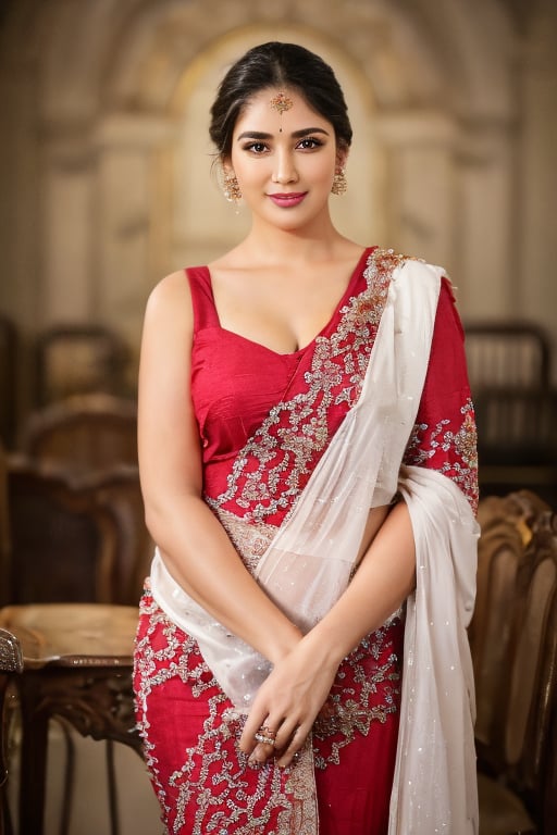 A Latin woman standing elegantly in a luxurious office space, wearing a fully drenched, beautifully draped cotton saree with intricate gold embroidery over a wet maroon cotton full-sleeve blouse. The blouse clings to her form, with the saree's fabric flowing gracefully around her, adding a sense of sophistication to her appearance. Her hair is styled in a neat bun, with water droplets glistening on her hair and skin. The office features large windows with a view of the city skyline, contrasting with her soaked attire. She is holding a pen and a clipboard, as if about to give a presentation, her expression composed and professional. The soft lighting of the room highlights the wet textures, emphasizing the elegance of the saree and blouse, conveying a sense of bold confidence in this refined setting. 4K, RAW, masterpiece, wetlook, high definition, wet fashion photography, standing pose, office setting, traditional yet professional atmosphere.,Fetishwet