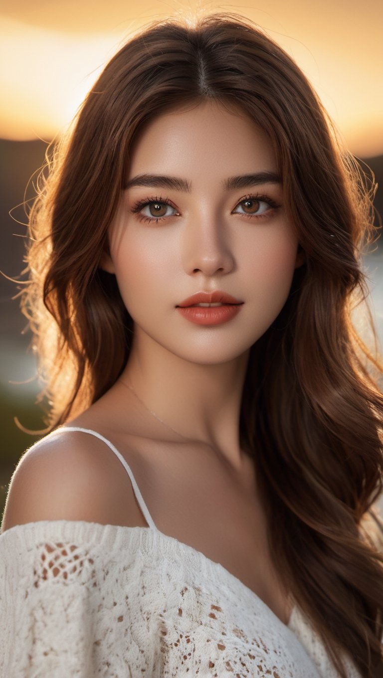 portrait of beautiful young woman alive, realistic perfect detailed face, chestnut brown hair wavy hair with bangs, luscious long hair, hazel eyes, reflective eyes, lovely smile, realistic skin, highly detailed skin texture, natural skin, gentle soul, lovely, hospitable, conservative, thoughtful, modest, humble, good, kind, stunning realistic photograph, high fashion, 8k Instagram post of the beautiful fashion model in the world, best quality, beautiful lighting, dramatic lighting, extremely detailed, bokeh