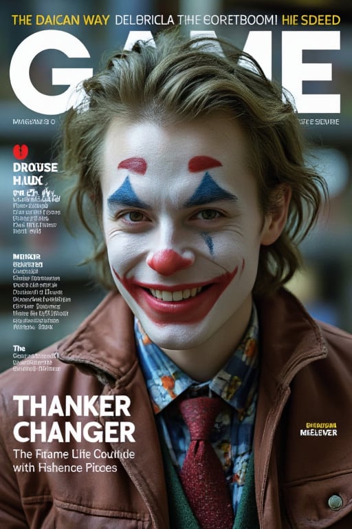 A magazine cover of the background text "GAME" and changer, a joker smile, 