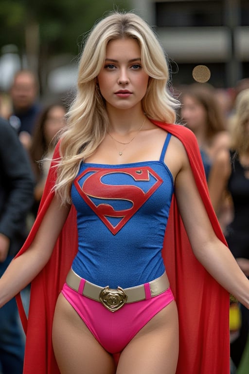 a sexy young blond supergirl in red, blue and pink costume wearing leotard with supergirl belt posing, 1girl, solo, blonde hair, superhero, looking at viewer, breasts, sparkle

INFO
