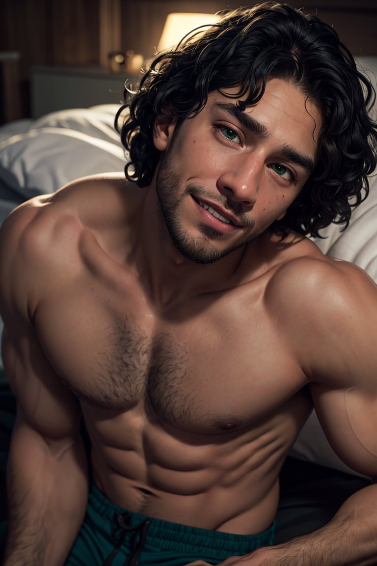 BrunoMadrigal,  1guy,  shirtless,  green eyes,  sport shorts, bulge, smirk,  laying_down,  bed, masterpiece,  highres,  sharp focus,  cinematic lighting,  detailed face,  detailed eyes, realistic, intricate details, detailed background, depth of field, glowing eyes