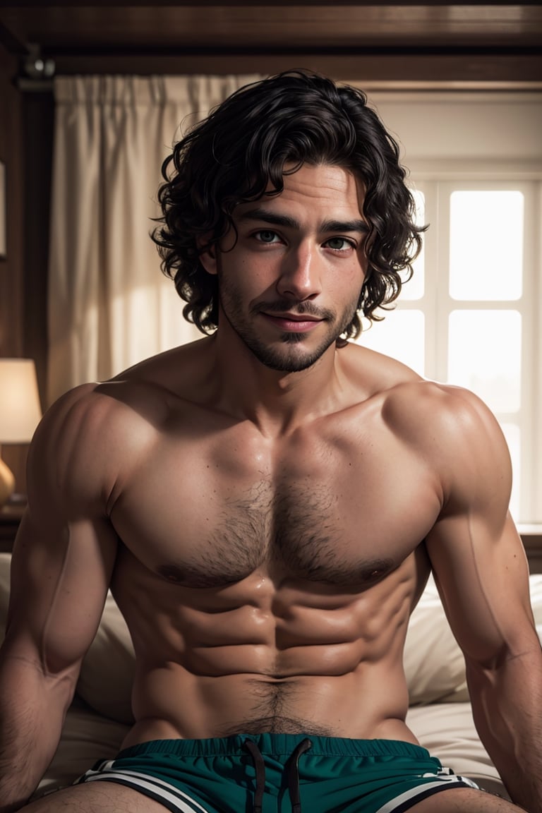 BrunoMadrigal,  1guy,  shirtless,  green eyes,  sport shorts, bulge, smirk,  laying_down,  bed, masterpiece,  highres,  sharp focus,  cinematic lighting,  detailed face,  detailed eyes, realistic, intricate details, detailed background, depth of field, brown eyes