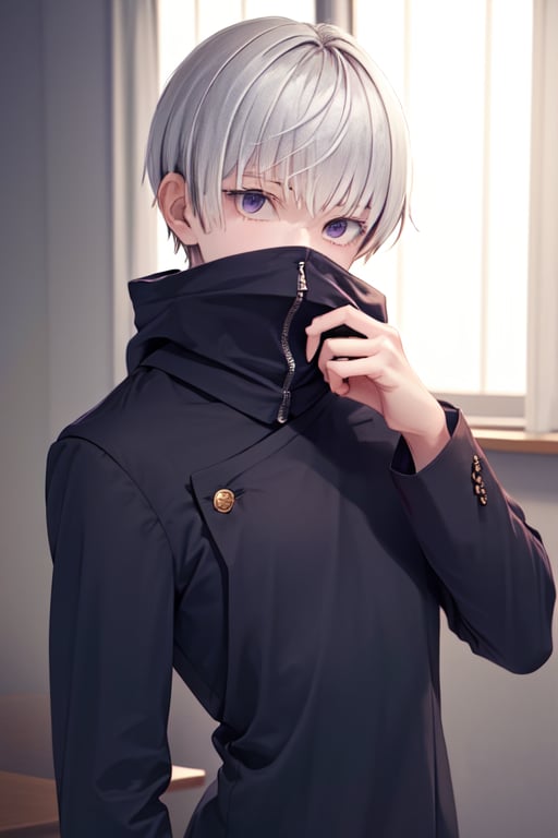 (masterpiece, best quality:1.2),cowboy shot, solo, male focus, 1boy, inumaki toge, covered mouth, looking at viewer, hand on hip, white hair, school uniform, black jacket, high collar, long sleeves