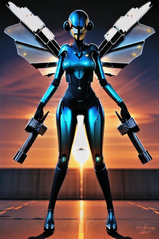 bird of prey like hot female alien wearing scifi suit carrying scifi weapons with shiny metal wings