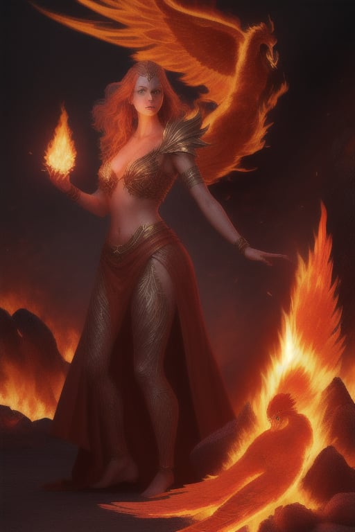 photo realistic a hot female sorceress casting a spell with her hands having a firey glow while standing in front of a phoenix firebird coming out of fire and lava