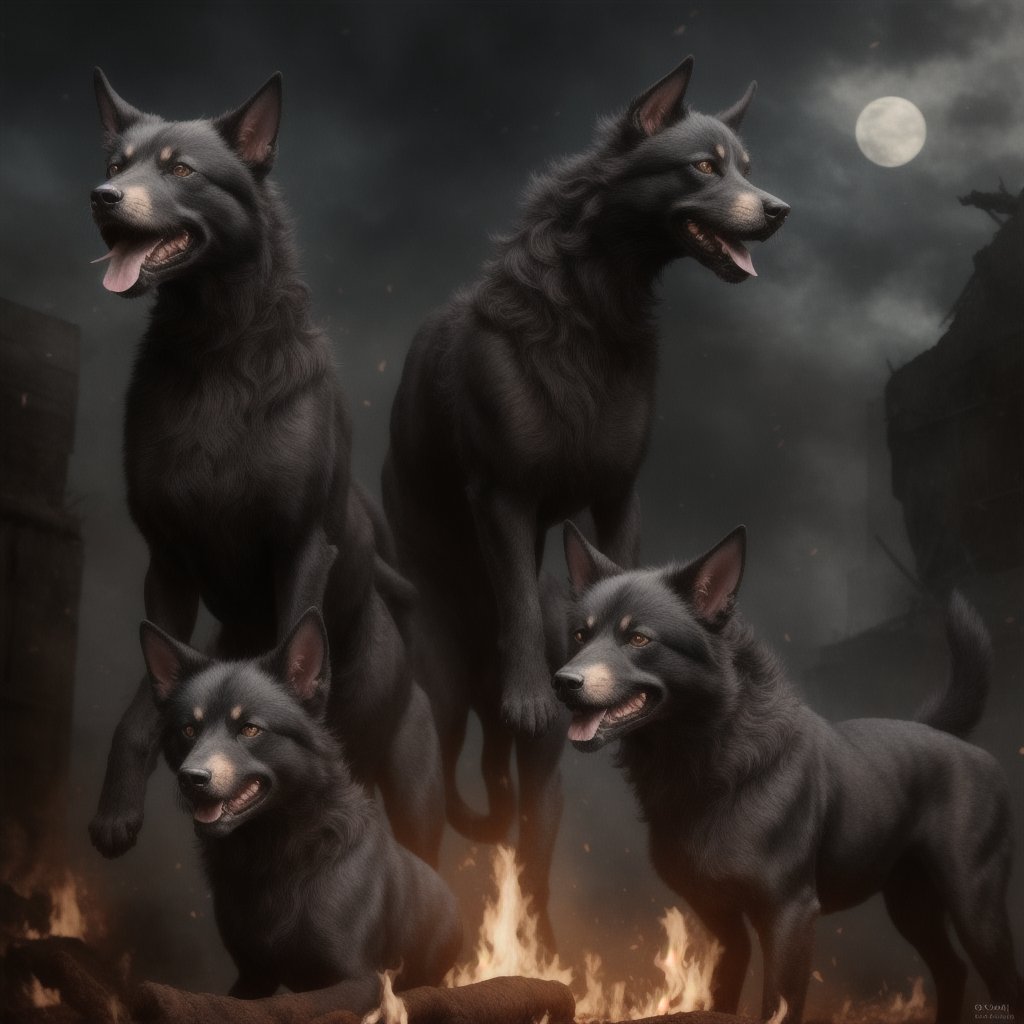 Photorealistic  Cerberus in a dark and hell scene