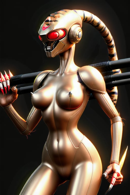 tiger like hot female alien carrying scifi weapons with shiny metal claws