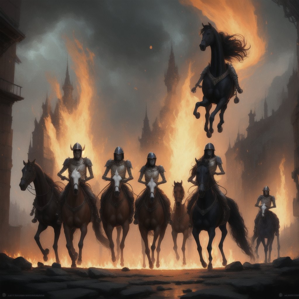 four horsemen of the apocalypse riding skeleton horses, 4k, photo realistic, fire, death, end of the world"a masterpiece, 8k resolution, dark fantasy concept art, by Greg Rutkowski, dynamic lighting, hyperdetailed, intricately detailed, Splash screen art, trending on Artstation, deep color, Unreal Engine, volumetric lighting, Alphonse Mucha, Jordan Grimmer, purple and yellow complementary colours"