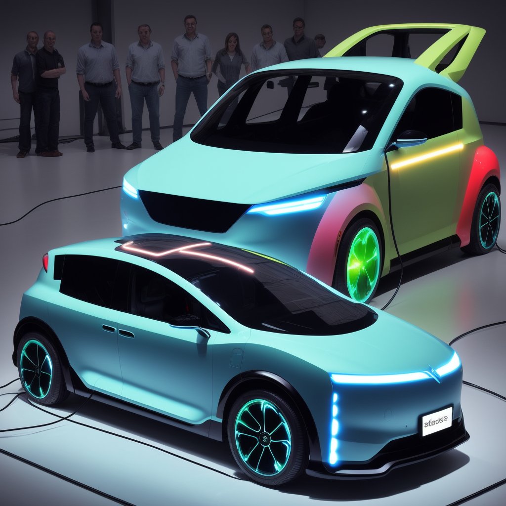 a aerodynamic  electric family car with color lights all over it 