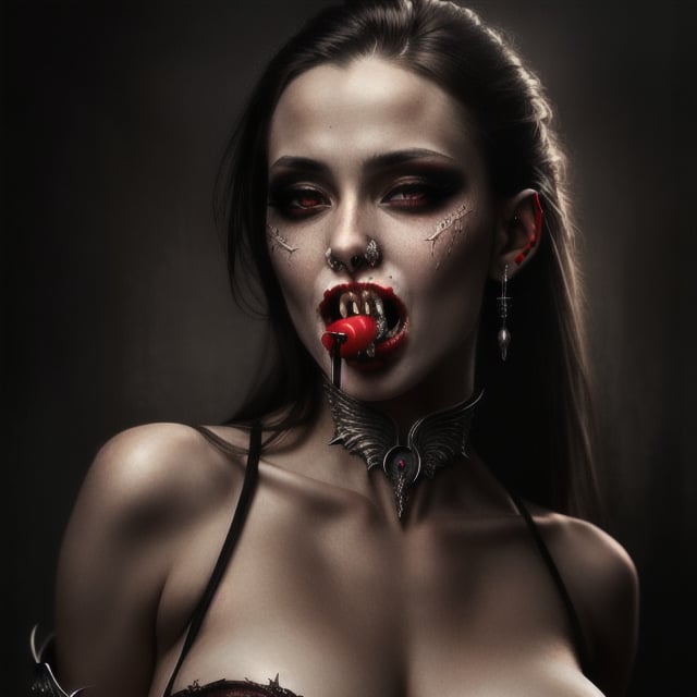 photorealistic,fantasy art, sexy hot vampire with mouth closed but fangs showing