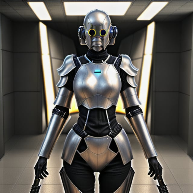 photorealistic human female standing in a sci-fi body armor holding futuristic weapons preparing for battle