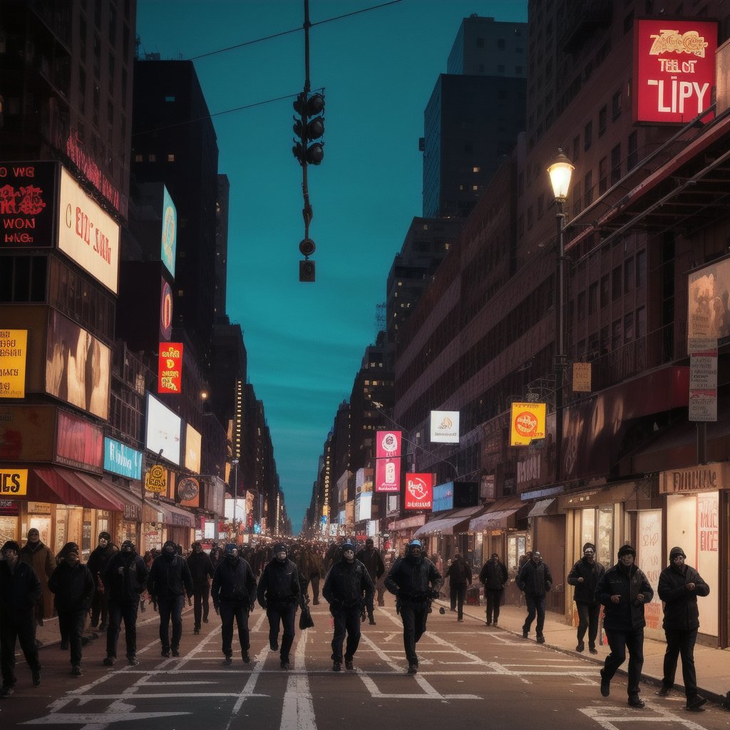 a future post apocalyptic  New York City street view  with the people scrounging for food and shelter with gangs running around killing and steeling dead bodies laying in the streets some dead bodies hanging from street light poles 