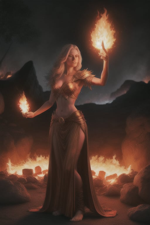 photo realistic a hot female sorceress casting a spell with her hands having a firey glow while standing in fire in front of a phoenix firebird coming out of fire and lava