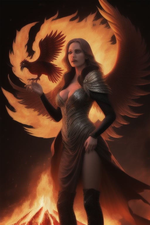 photo realistic a hot female sorceress casting a spell while standing in front of a phoenix firebird coming out of fire and lava