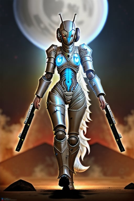 wolf like female alien wearing scifi battle armor carrying scifi weapons