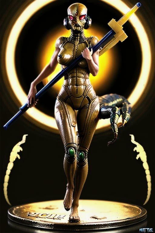 scorpion like hot female alien carrying scifi weapons with shiny metal stinger