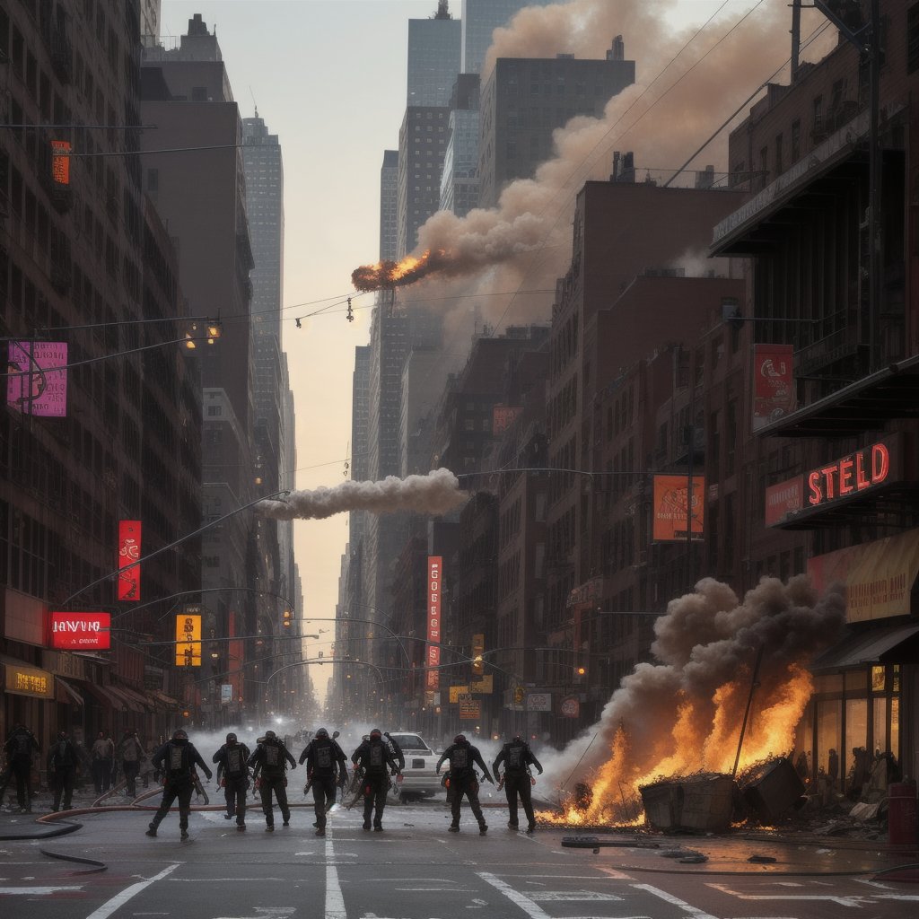 a future post apocalyptic  New York City street view with the gangs running around killing and steeling dead bodies laying in the streets some dead bodies hanging from street light poles  with buildings on fire  no electricity