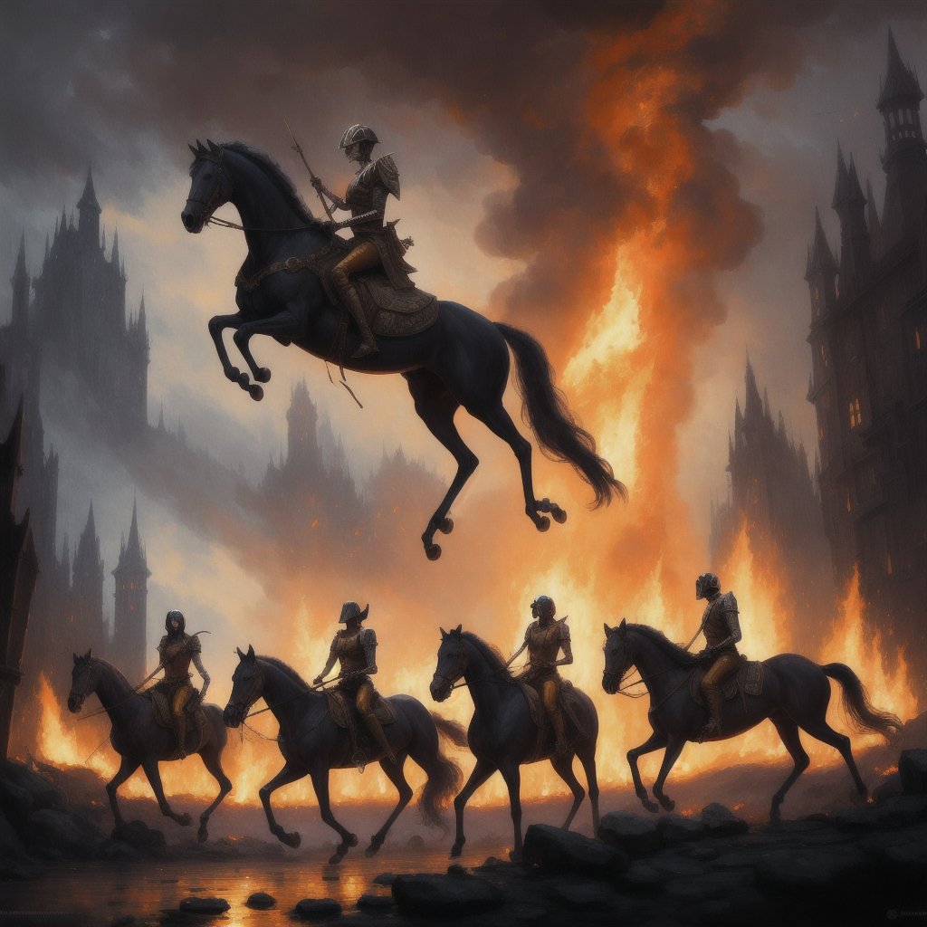 four horsemen of the apocalypse riding skeleton horses, 4k, photo realistic, fire, death, end of the world"a masterpiece, 8k resolution, dark fantasy concept art, by Greg Rutkowski, dynamic lighting, hyperdetailed, intricately detailed, Splash screen art, trending on Artstation, deep color, Unreal Engine, volumetric lighting, Alphonse Mucha, Jordan Grimmer, purple and yellow complementary colours"