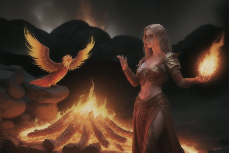 photo realistic a hot female sorceress casting a spell with her hands having a firey glow while standing in fire in front of a phoenix firebird coming out of fire and lava