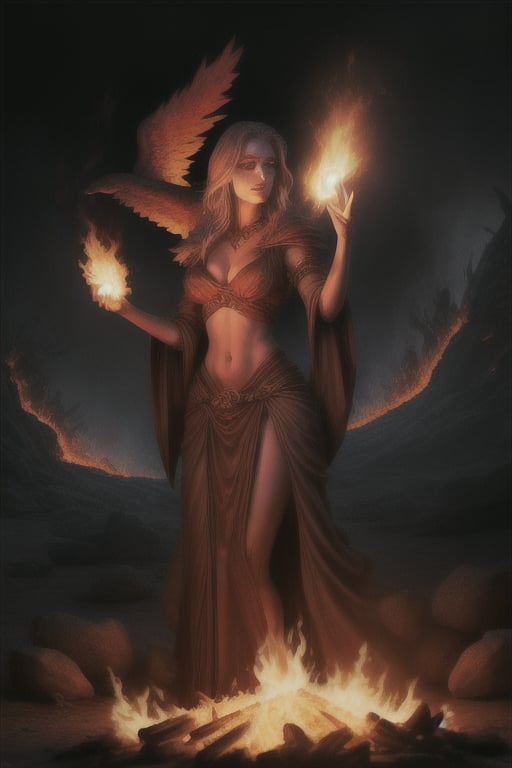 photo realistic a hot female sorceress casting a spell with her hands having a firey glow while standing in fire in front of a phoenix firebird coming out of fire and lava