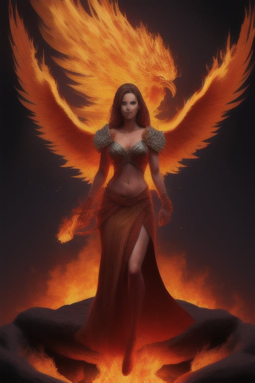 photo realistic a hot female sorceress standing in front of a phoenix firebird coming out of fire and lava