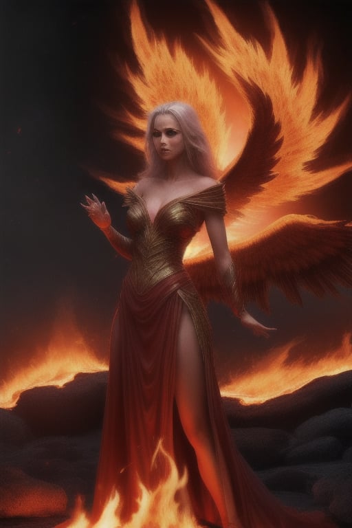 photo realistic a hot female sorceress casting a spell with her hands having a firey glow while standing in front of a phoenix firebird coming out of fire and lava