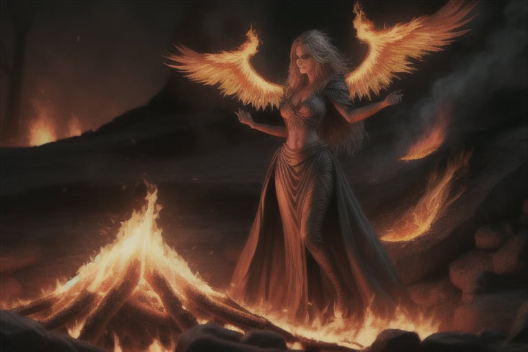 photo realistic a hot female sorceress casting a spell with her hands having a firey glow while standing in fire in front of a phoenix firebird coming out of fire and lava