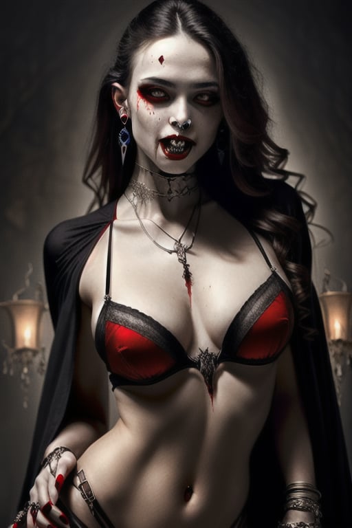 photorealistic,fantasy art, sexy hot vampire standing with fangs showing