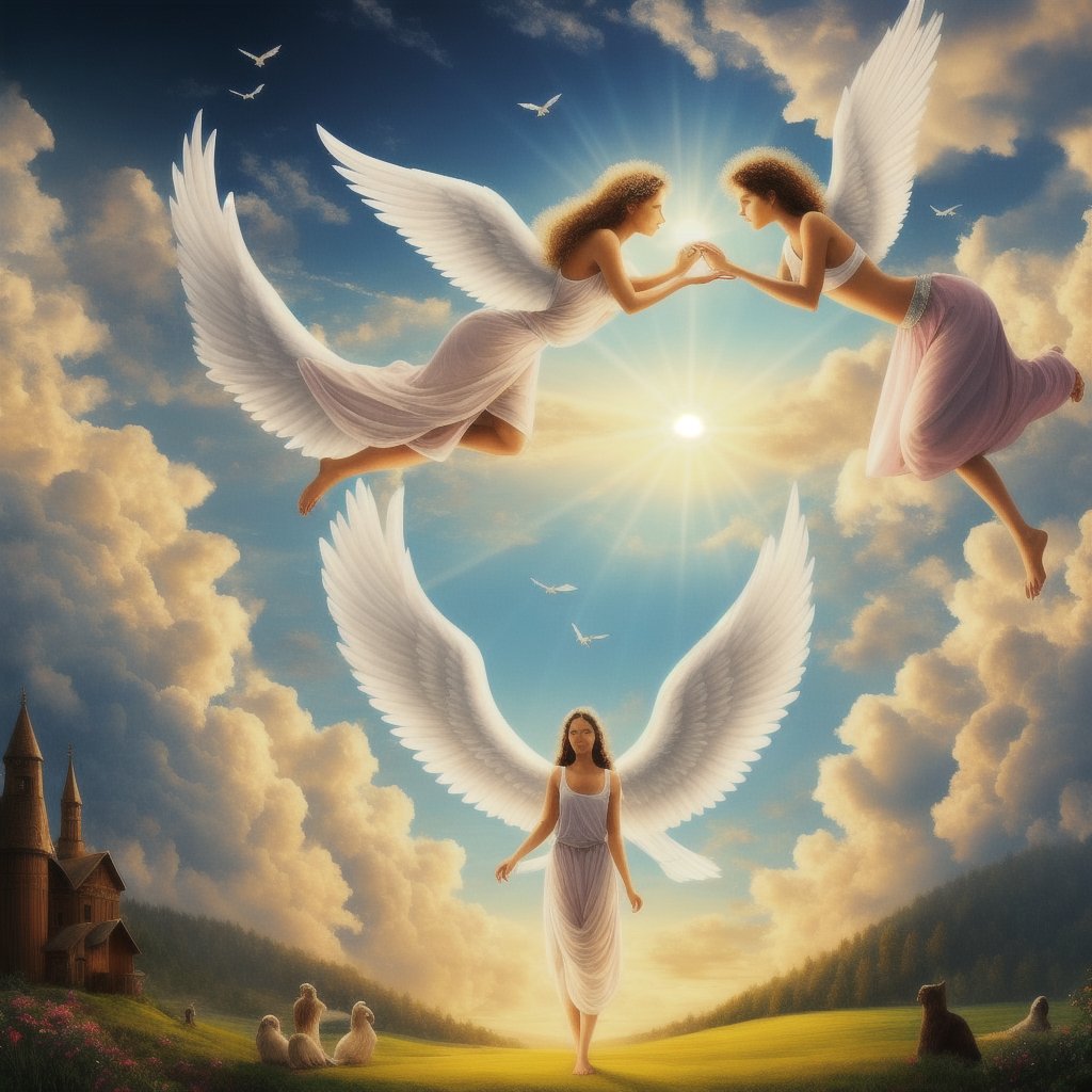 Photorealistic  scene of heaven on earth with angels  and peaceful loving souls