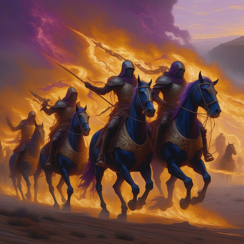 four horsemen of the apocalypse riding skeleton horses, 4k, photo realistic, fire, death, end of the world"a masterpiece, 8k resolution, dark fantasy concept art, by Greg Rutkowski, dynamic lighting, hyperdetailed, intricately detailed, Splash screen art, trending on Artstation, deep color, Unreal Engine, volumetric lighting, Alphonse Mucha, Jordan Grimmer, purple and yellow complementary colours"