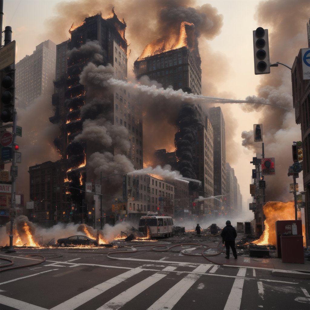 a future post nuclear apocalypse  New York City street view with all the buildings on fire burning bodies laying in the street and on the sidewalks 