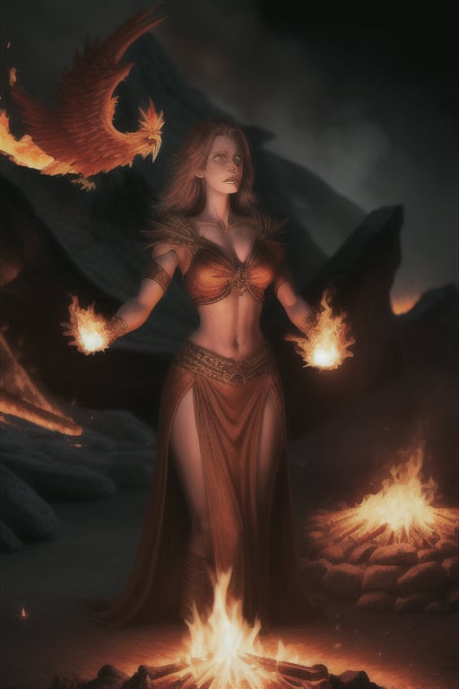 photo realistic a hot female sorceress casting a spell with her hands having a firey glow while standing in fire in front of a phoenix firebird coming out of fire and lava