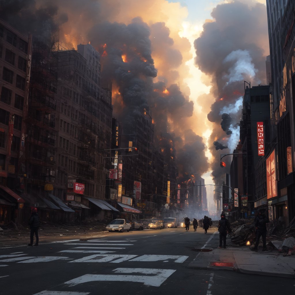 a future post nuclear apocalypse  New York City street view with all the buildings on fire burning bodies laying in the street and on the sidewalks  everyone is dead